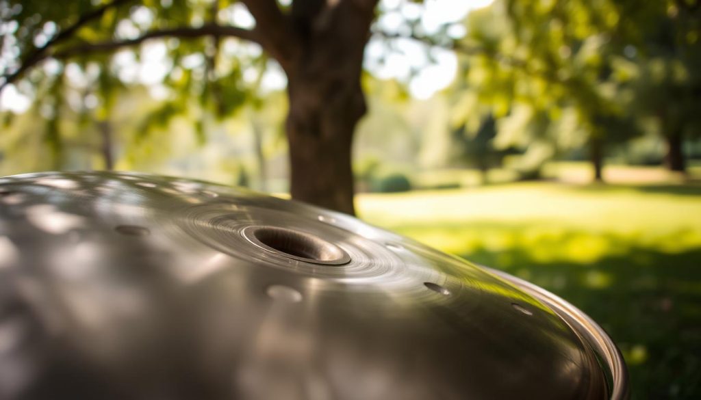 A beautifully crafted handpan instrument, featuring a sleek, curved metal body with multiple resonant notes, set prominently in the foreground. The handpan showcases a polished surface, with intricate patterns etched into the metal, reflecting soft glimmers of light. In the middle background, a serene outdoor setting is depicted, with gentle greenery and a soft focus of trees and grass, giving a peaceful ambiance. The lighting is warm and natural, with soft sunlight filtering through the branches, creating an inviting atmosphere. The angle captures the handpan from slightly above, emphasizing its unique shape and craftsmanship. The overall mood is calm and inspiring, perfect for illustrating the beauty and value of investing in a quality handpan.