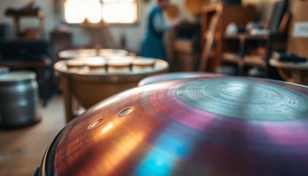 A beautifully crafted handpan made of high-quality materials, showcasing its intricate design and vibrant colors. In the foreground, focus on the handpan, emphasizing its metallic surface with a rich, shiny finish that reflects light. The middle ground features a close-up view of the handpan's unique tones and dimples, highlighting the craftsmanship involved in its creation. In the background, a softly blurred workshop setting with warm, natural lighting enhances the atmosphere, suggesting a space where artisans create these instruments. The overall mood is serene and inviting, evoking a sense of appreciation for the artistry and importance of materials in determining the handpan's value. A shallow depth of field brings the handpan into sharp focus, while the background remains gently out of focus for contrast.