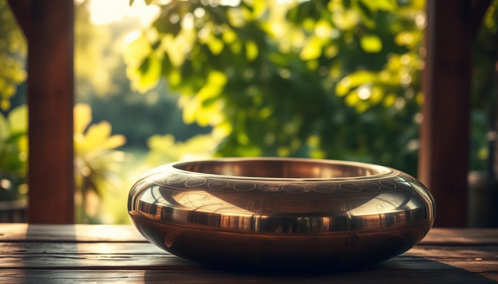 A beautifully crafted handpan, showcasing its metallic surface with rich, harmonious tones. The instrument is placed on a rustic wooden table in the foreground, catching soft, warm light that highlights its curves and intricate patterns. The middle ground features a serene setting, with a gently blurred backdrop of lush greenery, suggesting an outdoor environment that evokes a sense of tranquility. The sunshine filters through the leaves, creating a dappled light effect. The composition is captured from a slightly elevated angle, emphasizing the unique shape of the handpan. The overall mood is calm and inviting, perfect for an atmosphere of musical exploration and discovery. The image should have a natural color palette to enhance the organic feel of the setting.