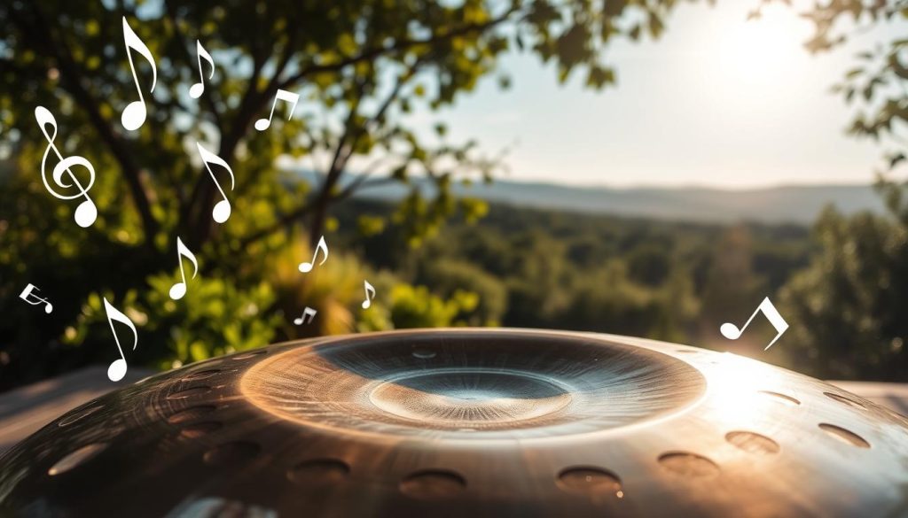 A beautifully crafted handpan with multiple notes displayed prominently in the foreground, showcasing its intricate surface and shimmering tones. Surrounding the handpan are soft, ethereal musical notes visually representing sound and harmony, gently floating in the air. In the middle ground, a serene outdoor setting under a bright sky, with lush greenery and a hint of sunlight filtering through leaves, creating a warm, inviting atmosphere. The background features distant mountains, adding depth and tranquility to the scene. The lighting is soft and diffused, accentuating the handpan's craftsmanship, while the overall mood exudes peace and contemplation, capturing the essence of how the number of notes influences one's musical experience and budget.
