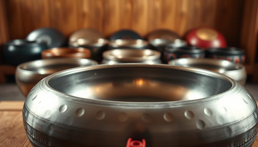 A close-up of a beautifully crafted acier handpan, showcasing its smooth, metallic surface with intricate dimples and a polished shine. The foreground features the handpan placed on a simple wooden table, with soft, diffused lighting highlighting its contours and reflecting subtle shadows. In the middle ground, an array of other handpans made from different types of steel softly blurred, emphasizing their unique tones and finishes, yet highlighting the distinction of the central handpan. The background is a warm, softly lit room, with faint wood textures that enhance the cozy atmosphere. The overall mood is inviting and serene, conveying an appreciation for craftsmanship and the beauty of sound in handpans.