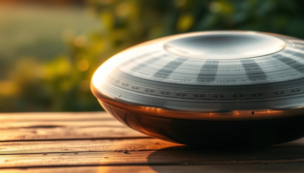 A close-up of a handpan resting on a wooden surface, showcasing its glimmering metallic surface and beautiful, resonant notes. The handpan's intricate tone fields are highlighted with soft shadows, creating an inviting atmosphere. In the background, blurred greenery suggests a peaceful outdoor setting, enhancing the mood of tranquility and mindfulness associated with playing this instrument. The lighting is warm and gentle, evoking a serene sunset, casting a soft glow on the handpan and reflecting its unique curves. The composition captures the essence of sustain as the viewer can almost hear the lingering notes emanating from the instrument, providing a sense of immersion and appreciation for the art of handpan music.