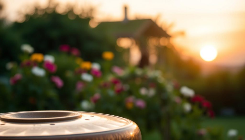 A serene and artistic representation of a handpan displayed prominently in the foreground, showcasing its intricate designs and beautiful metallic surface. The handpan shines under soft, warm lighting, casting gentle reflections that highlight its soothing curves. In the middle ground, a lush, tranquil garden setting with soft, blurred greenery and colorful flowers creates an inviting atmosphere, evoking feelings of peace and emotion. The background features a softly illuminated sunset sky, transitioning into twilight, enhancing the overall mood of introspection and calm. The image should convey a sense of harmony and connection, perfect for illustrating the theme of selecting the ideal musical scale based on emotions.