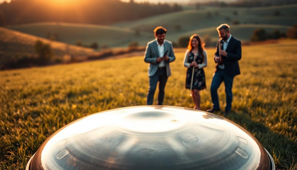 A serene and inviting scene featuring a handpan placed in an open grassy field. In the foreground, the handpan gleams under soft, warm sunlight, showcasing its intricate surface patterns and gentle curves. The middle ground features a diverse group of three musicians, dressed in casual yet professional attire, experimenting with different handpan notes in a relaxed and engaging manner. In the background, a lush landscape of rolling hills and distant trees complements the peaceful atmosphere. The lighting is golden hour, casting long shadows and enhancing the tranquil mood. The angle captures both the musicians and the handpan, emphasizing the joy and creativity found in choosing the ideal musical scale for beginners.