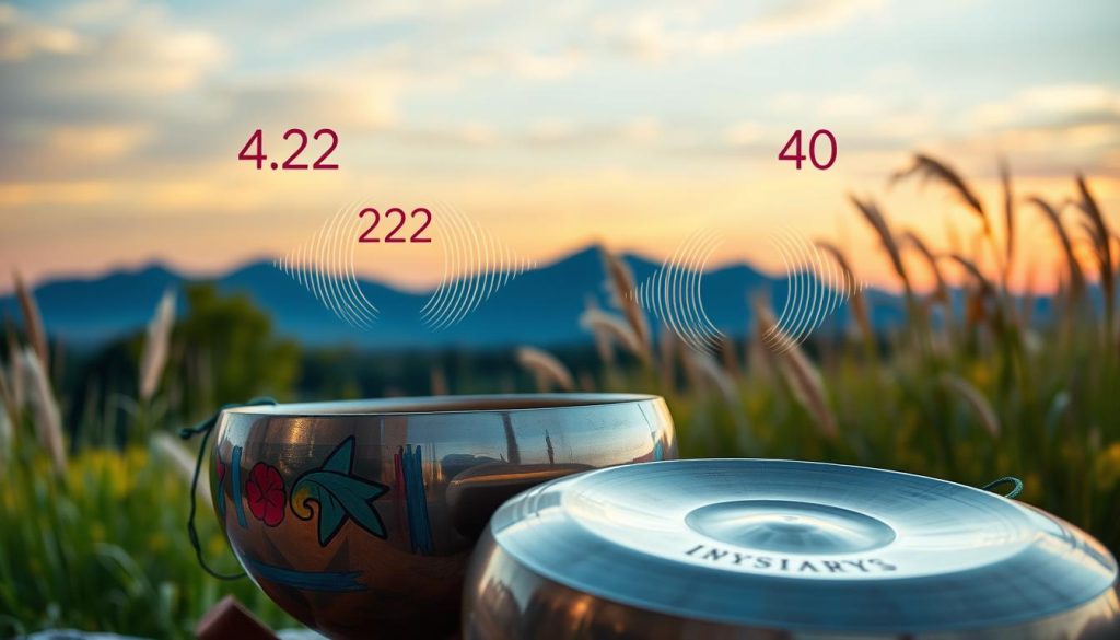 A serene, artfully designed handpan set against a tranquil backdrop. In the foreground, two handpans, one vibrantly painted and the other polished metal, shimmer under soft, warm lighting. Delicate sound waves emanate from each pan, visually representing the frequencies of 432Hz and 440Hz, depicted as flowing, colorful patterns. In the middle ground, lush greenery and gently swaying tall grass create a peaceful outdoor scene, suggesting harmony with nature. A soft focus on the background features mountains under a pastel sunset sky, enhancing the calming atmosphere. The composition emphasizes tranquility and connection to sound, inviting viewers to immerse in the essence of music therapy.
