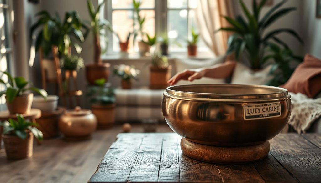 A serene scene showcasing a handpan in an inviting atmosphere. In the foreground, the beautifully crafted handpan, with its metallic surface glistening under soft, warm lighting, sits on a rustic wooden table. In the middle ground, a pair of hands gently play the handpan, conveying a sense of connection and focus. The background features a cozy room filled with plants and soft textiles that enhance the calming atmosphere. Natural light filters through a nearby window, casting gentle shadows. The overall mood is tranquil and introspective, inviting viewers to appreciate the harmonious sounds of the handpan and the importance of listening to define musical preferences.
