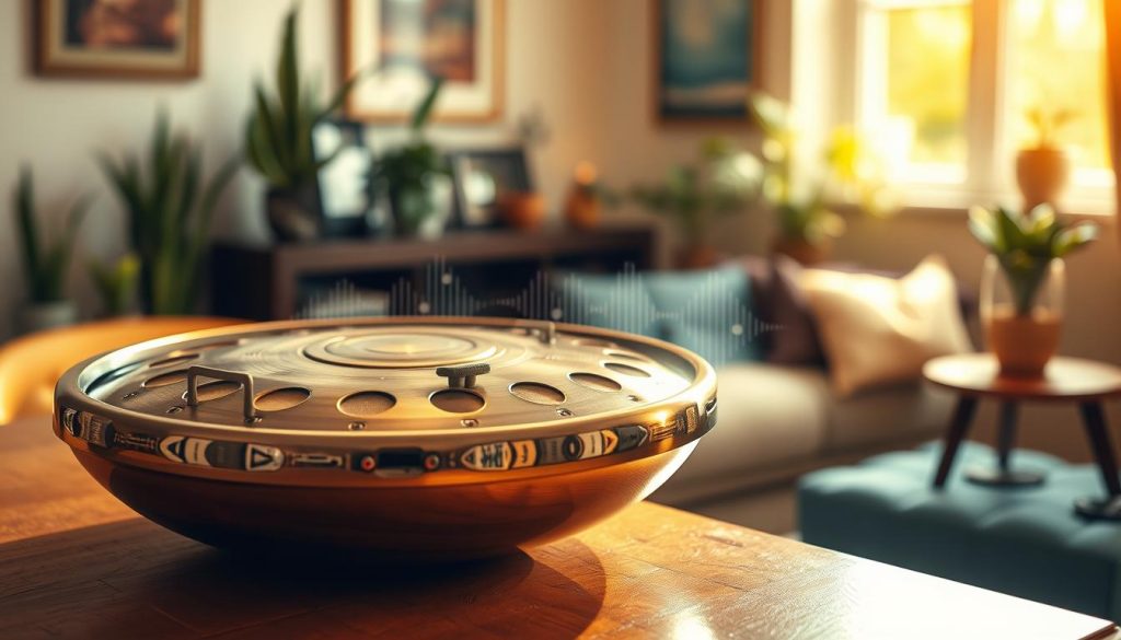 A serene setting featuring a beautifully crafted handpan resting on a wooden table. In the foreground, the polished metal surface of the handpan reflects soft, natural light, showcasing its intricate design and harmonious note layout. The middle ground includes a subtle representation of sound waves emanating from the instrument, symbolizing its rich sonic quality. The background reveals a cozy, warmly lit room with plants and calming artwork, enhancing the tranquil atmosphere. Use a warm color palette with golden hues to evoke a sense of peace and creativity. The scene is shot with a shallow depth of field to emphasize the handpan, while maintaining a clean and uncluttered aesthetic, inviting viewers to appreciate the instrument's beauty and sound quality.