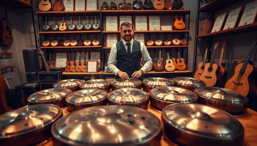 A trustworthy vendor's stall showcasing a handpan in a professional setting. In the foreground, a neatly arranged wooden table displays a variety of high-quality handpans, each uniquely crafted with intricate designs reflecting musical notes and motifs. In the middle ground, a vendor dressed in smart casual attire confidently engages with a customer, ensuring a friendly and informative atmosphere. The background includes shelves filled with musical instruments and legal certificates, symbolizing legitimacy and reliability. Soft, warm lighting illuminates the scene, creating a welcoming mood. The angle is slightly from above to capture the interaction, emphasizing trust and professionalism in a music-focused setting.