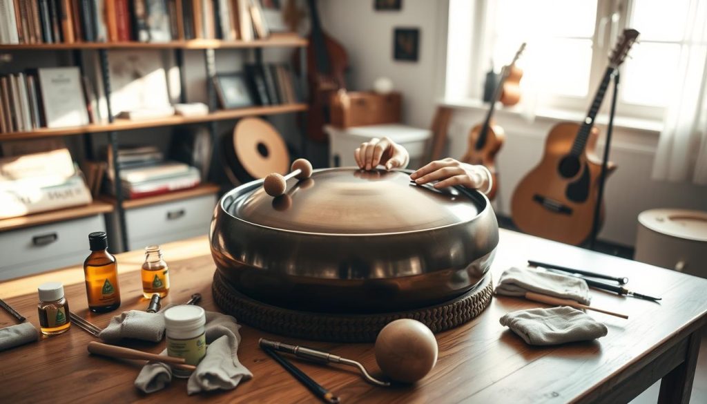 A beautifully arranged handpan resting on a polished wooden table in a softly lit room. The foreground features detailed tools and products for instrument care, such as oil, cloths, and tuning mallets. In the middle ground, a pair of skilled hands gently cleaning and tuning the handpan, highlighting the elegance of the instrument's curved surface. Soft, diffused sunlight filters through a nearby window, casting warm shadows that create an inviting atmosphere. The background includes shelves lined with musical books and other instruments, enhancing the sense of a workshop environment. The overall mood is calm and focused, emphasizing the dedication involved in maintaining and tuning a musical instrument.