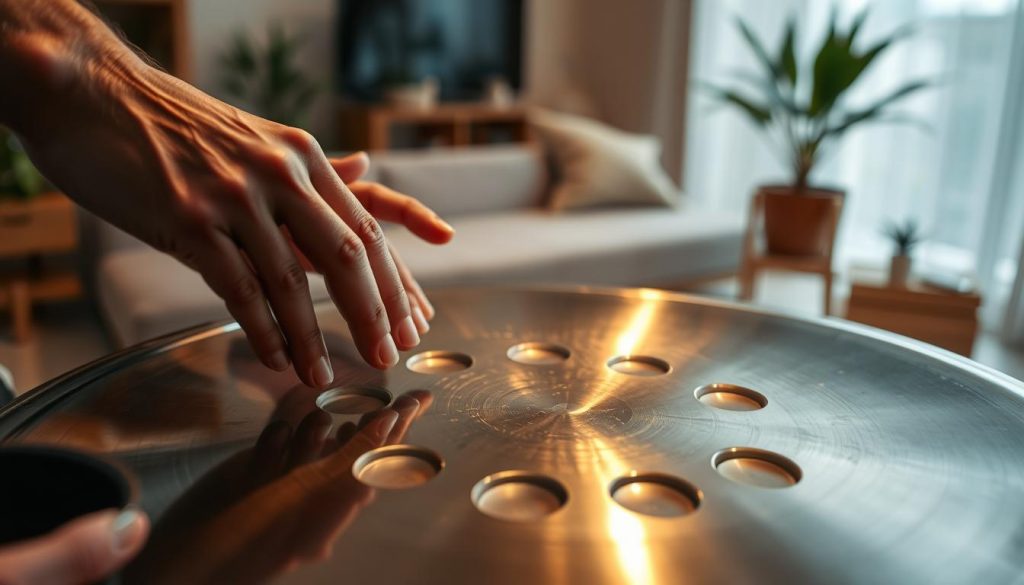 A close-up view of a handpan being played, showcasing the technique of "frappe" with an emphasis on the player's hands striking the metal surface. The foreground features a pair of skilled hands, slightly blurred to highlight the motion, positioned over the handpan’s concave notes that glow with striking reflective light. In the middle ground, the handpan itself is finely detailed, reflecting soft, warm ambient lighting that creates an inviting atmosphere. The background features a peaceful, softly blurred living room setting with natural wooden elements and plants, enhancing the tranquil mood of a practice space. Use a shallow depth of field to focus on the action, capturing the essence of mastering essential handpan techniques.
