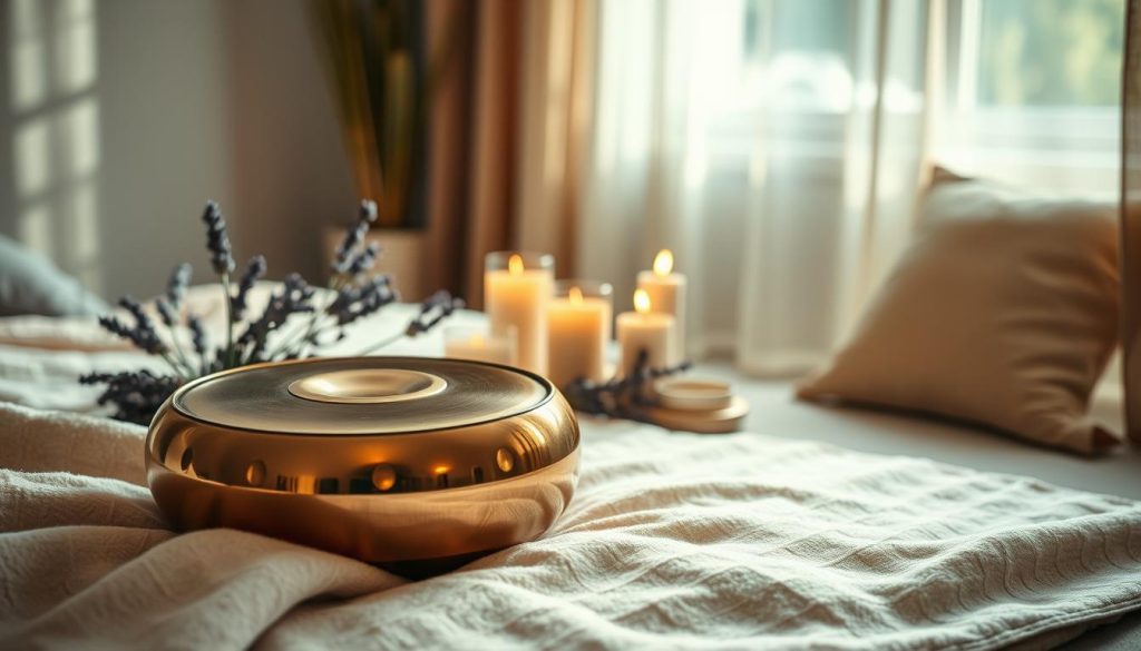 A serene, atmospheric setting featuring a beautifully crafted handpan placed gently on a soft, cozy blanket. In the foreground, the handpan reflects warm, golden hues, inviting a sense of calm. The middle ground includes an arrangement of flickering candles and delicate lavender sprigs, contributing to an ambiance of relaxation. The background reveals a softly lit, tranquil room with muted colors, creating a peaceful setting. Natural sunlight filters through sheer curtains, casting gentle shadows and enhancing the warmth of the scene. The overall mood should evoke tranquility and restful energy, perfect for creating a soothing environment ideal for sleep and relaxation. The image should have a soft focus, with a slight bokeh effect in the background to enhance depth.