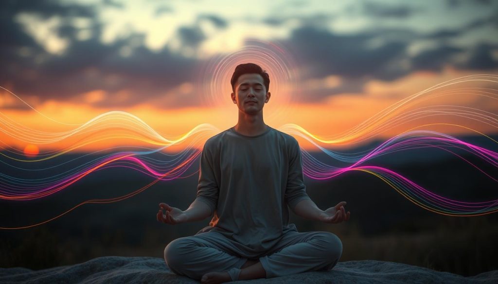 A serene, ethereal scene depicting the effects of sound frequencies on the human body and spirit. In the foreground, a peaceful individual, dressed in comfortable, modest loungewear, is meditating while surrounded by swirling waves of colorful sound frequencies visualized as vibrant, flowing lines and patterns. In the middle, the sound waves interact with the individual, creating a tranquil aura that illuminates their face, illustrating harmony and relaxation. The background is a softly blurred, dreamlike landscape with gentle hills and a twilight sky, casting warm, ambient light that enhances the calming atmosphere. The image is shot from a slightly elevated angle, emphasizing the connection between the individual and the immersive sound environment. The overall mood is peaceful, serene, and reflective, inviting viewers to explore the nurturing power of sound.