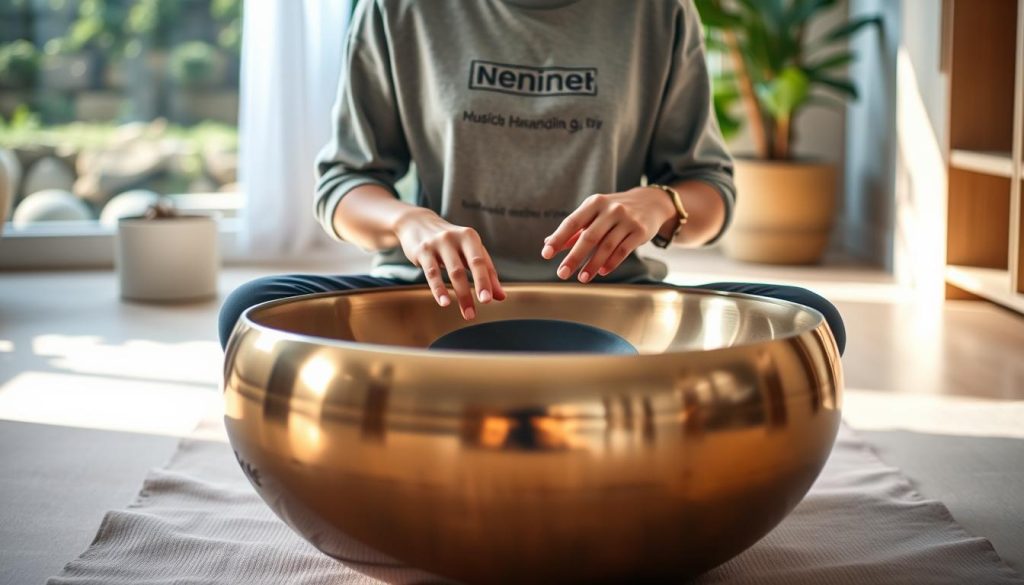 A serene indoor setting highlighting a beginner handpan player in a modest casual outfit, sitting cross-legged on a soft mat. The foreground features a beautifully crafted handpan, with glinting metallic surfaces reflecting soft, warm light. In the middle ground, gentle hands strike the handpan, creating flowing, rhythmic patterns. The background includes softly blurred greenery and light wood elements, evoking a calm atmosphere conducive to learning. Natural light streams through a window, casting delicate shadows and enhancing the peaceful mood. The overall composition conveys a sense of progression in music mastery, with harmonious colors and a tranquil ambiance focusing on the joy of practice.