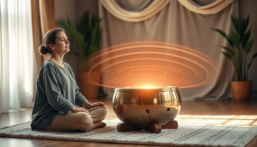 A serene indoor setting illuminated by soft, warm light, where a person in modest casual clothing is practicing breathing techniques in harmony with the gentle vibrations of a handpan. In the foreground, we see the individual sitting cross-legged on a plush mat, eyes closed, with calm expression, hands resting on their knees. In the middle, the handpan is positioned gracefully, resonating with waves of sound visually represented as delicate ripples of color emanating from it. In the background, a tranquil ambiance is created with soft, flowing fabrics and plants, enhancing the atmosphere of relaxation and peace. The overall mood is soothing and meditative, inviting viewers to experience the harmonious blend of breath and sound.