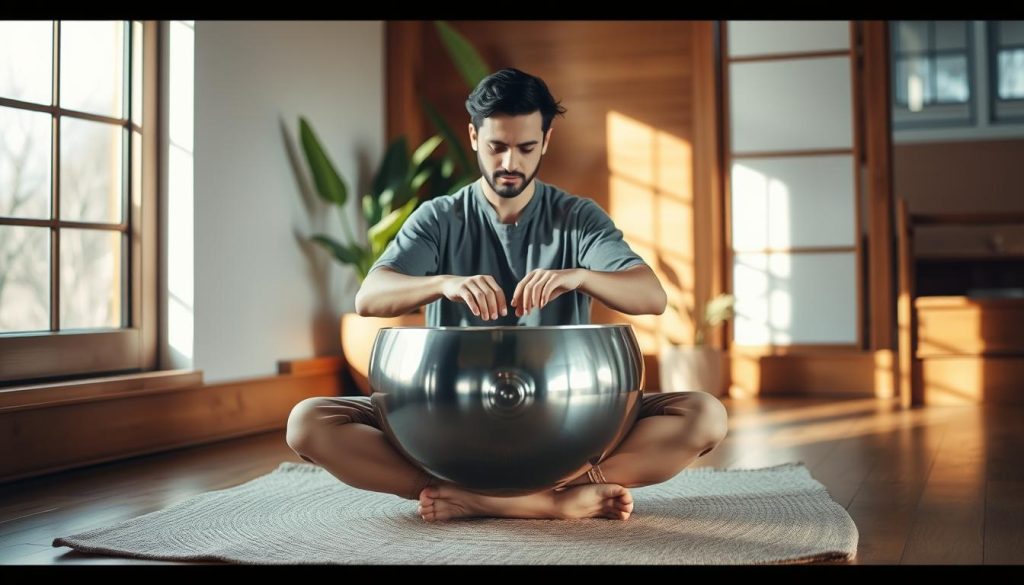 A serene indoor setting showcasing a handpan musician in a relaxed position, seated cross-legged on a soft, natural fiber mat. The musician, dressed in modest casual clothing, focuses intently on playing the handpan with both hands, showcasing the ideal posture for achieving a pure sound. Warm, natural light filters through a nearby window, casting gentle shadows that enhance the tranquility of the scene. In the background, there are soft green plants adding a calming touch, with wooden elements that convey warmth. The angle captures the musician’s hands gracefully hovering above the handpan, highlighting the fluidity of movement and the connection to the instrument. Overall, the atmosphere reflects mindfulness and dedication to mastering the art of handpan playing.