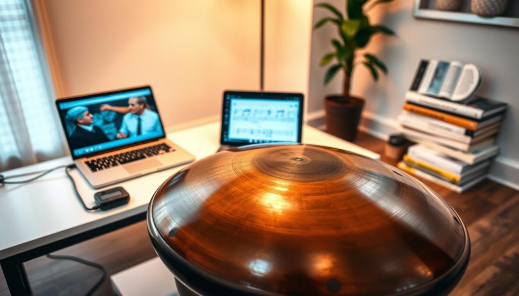 A serene indoor setting showcasing a handpan surrounded by various digital resources, such as a laptop displaying instructional videos and a tablet with rhythm apps. In the foreground, a polished wooden handpan gleams under soft, warm lighting, its intricate patterns highlighted. In the middle, the laptop and tablet rest on a minimalist table, creating an inviting atmosphere for learning. The background features a cozy corner with books on music theory and a plant that adds a touch of nature. Capture the mood of focused creativity and inspiration, with a soft focus that draws attention to the handpan and digital tools. Use a wide-angle lens for a spacious feel, allowing the viewer to envision an engaging learning environment.