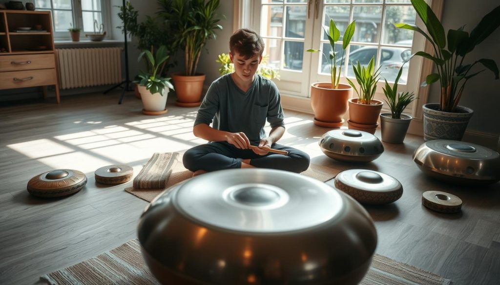 A serene indoor setting showcasing a person practicing handpan exercises. In the foreground, a young individual is sitting cross-legged on a soft mat, focused and immersed in playing a beautifully crafted handpan. Their attire is comfortable and casual. The middle ground features various handpan instruments arranged artistically, displaying different designs and sizes. Natural light streams in through a large window, casting soft shadows, creating a warm and inviting atmosphere. In the background, potted plants add a touch of greenery, enhancing the sense of relaxation and harmony. The angle is slightly elevated, capturing the musician's concentration and the unique textures of the handpan, evoking a mood of artistic exploration and dedication.