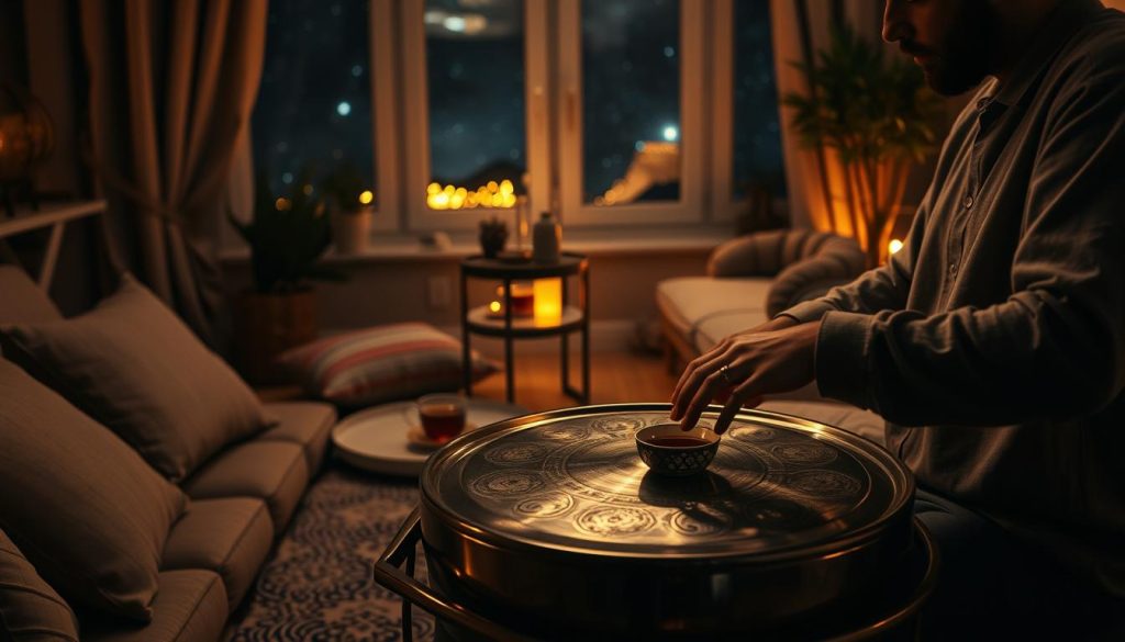 A serene night scene featuring a cozy living room where a handpan is being played softly. In the foreground, a musician, dressed in comfortable yet modest clothing, gently taps the handpan, creating a peaceful atmosphere. The soft glow of warm, dim lighting highlights the instrument's metallic surface, reflecting intricate patterns. In the middle ground, plush cushions and a small table filled with herbal tea complete the setting, inviting relaxation. The background shows a softly lit window revealing a starry night sky, enhancing the tranquil mood. The overall composition should convey a sense of calm and introspection, ideal for a relaxing evening routine.