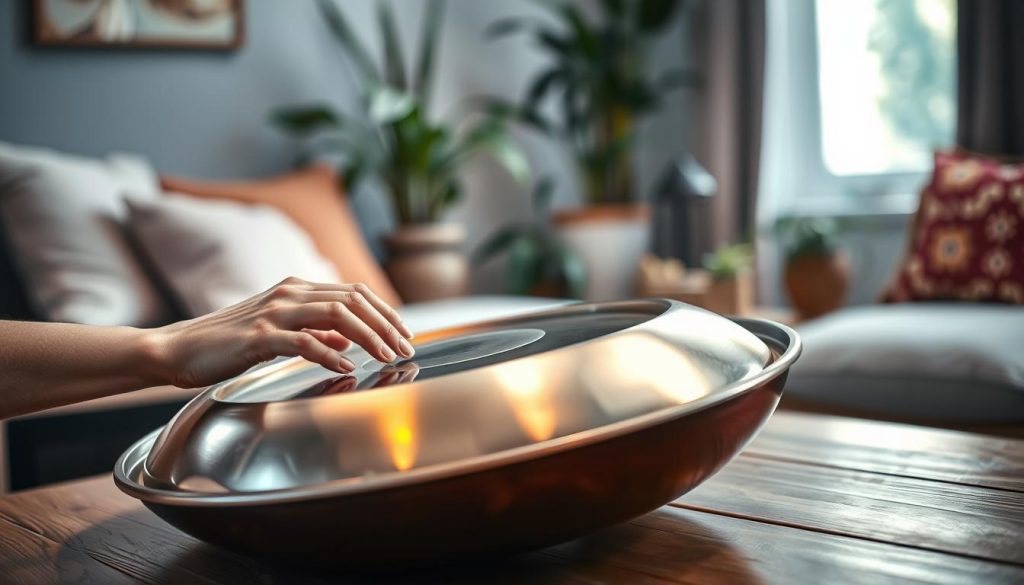 A vibrant handpan resting on a wooden surface, showcasing its unique curved shape and intricate notes. The foreground features a pair of hands gently playing the instrument, fingers gracefully striking the steel surface, capturing a moment of rhythm. In the middle ground, soft, ambient light reflects off the handpan's polished surface, creating a warm glow, enhancing its metallic hues. In the background, a cozy room with subtle bokeh elements includes plants and soft cushions, suggesting a serene learning environment. This composition evokes a sense of calm, focus, and creativity, ideal for beginners mastering their early rhythms, with soft natural light pouring in from a nearby window, providing a peaceful atmosphere.