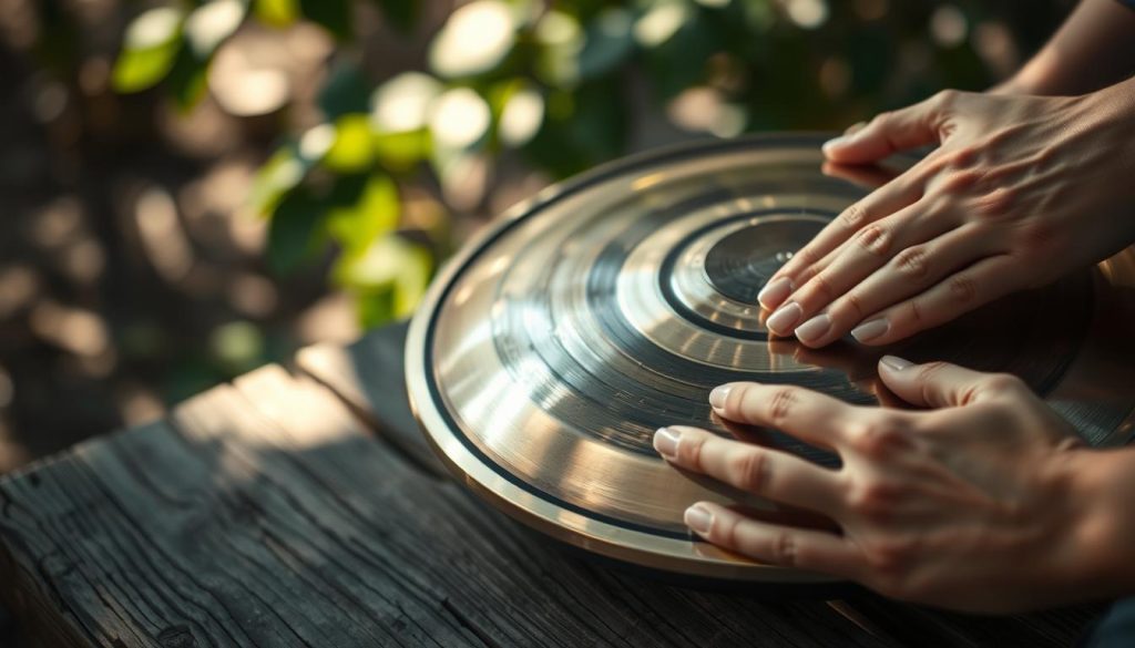 A beautifully crafted gamme handpan resting on a textured wooden surface, with the focus on its intricate tonal zones. The handpan should feature a polished metallic finish, reflecting soft, ambient light. In the foreground, include delicate hands gently tapping the handpan, showcasing the interaction between musician and instrument. The background should be softly blurred, hinting at a tranquil setting with light bokeh effects, perhaps suggesting an outdoor environment with leafy greenery. The mood should evoke a sense of calm and harmony, suitable for expressing emotional depth through music. The image should utilize natural lighting to enhance reflections and create a warm atmosphere, capturing the essence of sound and emotion. A beautifully crafted gamme handpan resting on a textured wooden surface, with the focus on its intricate tonal zones. The handpan should feature a polished metallic finish, reflecting soft, ambient light. In the foreground, include delicate hands gently tapping the handpan, showcasing the interaction between musician and instrument. The background should be softly blurred, hinting at a tranquil setting with light bokeh effects, perhaps suggesting an outdoor environment with leafy greenery. The mood should evoke a sense of calm and harmony, suitable for expressing emotional depth through music. The image should utilize natural lighting to enhance reflections and create a warm atmosphere, capturing the essence of sound and emotion.