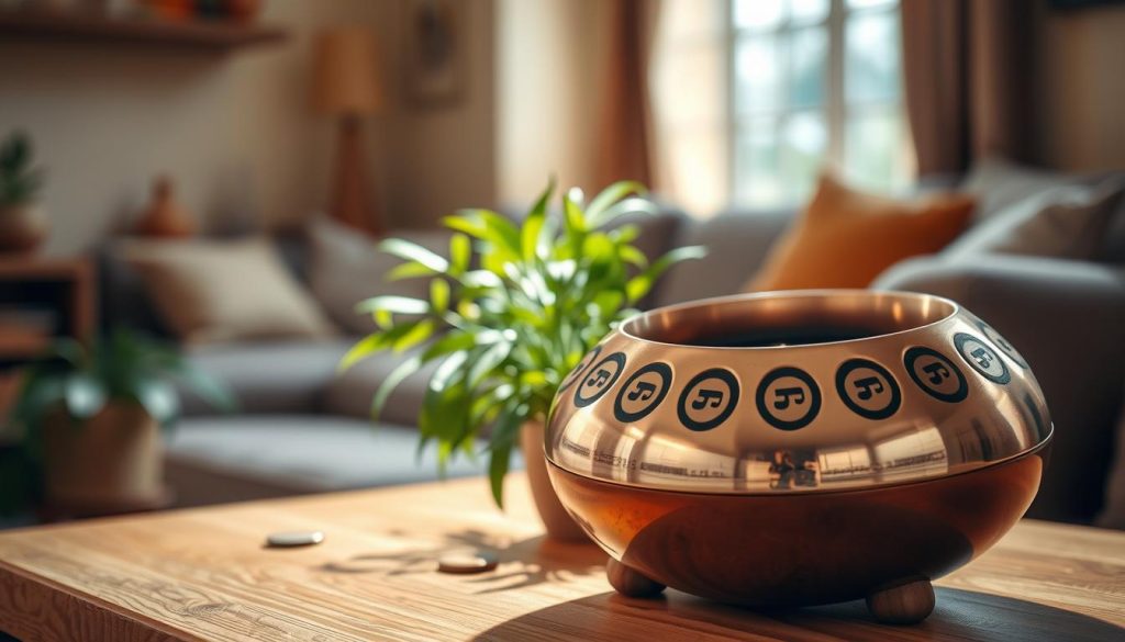 A beautifully crafted mini handpan, gleaming in shades of copper and bronze, rests on a wooden table. The handpan is intricately designed, featuring a variety of tuned notes arranged in a harmonious pattern. In the foreground, soft natural light casts gentle reflections across the instrument's smooth surface, highlighting its elegant contours and the subtle textures of the metal. The middle ground features a lush green plant, adding a touch of nature and warmth to the scene. In the background, a softly blurred cozy room setting can be seen, with warm earthy tones and a hint of sunlight streaming through a window, creating a serene and inviting atmosphere. The overall mood is calming and inspirational, perfectly capturing the essence of the mini handpan. A beautifully crafted mini handpan, gleaming in shades of copper and bronze, rests on a wooden table. The handpan is intricately designed, featuring a variety of tuned notes arranged in a harmonious pattern. In the foreground, soft natural light casts gentle reflections across the instrument's smooth surface, highlighting its elegant contours and the subtle textures of the metal. The middle ground features a lush green plant, adding a touch of nature and warmth to the scene. In the background, a softly blurred cozy room setting can be seen, with warm earthy tones and a hint of sunlight streaming through a window, creating a serene and inviting atmosphere. The overall mood is calming and inspirational, perfectly capturing the essence of the mini handpan.