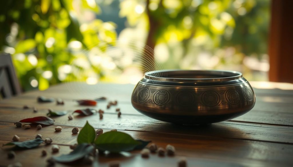 A beautifully crafted mini handpan resting on a wooden table, surrounded by soft, natural light that highlights its metallic surface and intricate tones. In the foreground, focus on the handpan's resonant areas, reflecting the vibrations of sound waves depicted as subtle ripples in the air, showcasing the significance of resonance frequency. In the middle ground, there are scattered leaves and small pebbles, creating an organic feel. In the background, a blurred view of an outdoor setting with greenery and soft sunlight filtering through the leaves. The atmosphere is serene and meditative, inviting the viewer to appreciate the harmony of sound and nature. Use a wide-angle lens to create depth while ensuring the focus remains sharp on the handpan. A beautifully crafted mini handpan resting on a wooden table, surrounded by soft, natural light that highlights its metallic surface and intricate tones. In the foreground, focus on the handpan's resonant areas, reflecting the vibrations of sound waves depicted as subtle ripples in the air, showcasing the significance of resonance frequency. In the middle ground, there are scattered leaves and small pebbles, creating an organic feel. In the background, a blurred view of an outdoor setting with greenery and soft sunlight filtering through the leaves. The atmosphere is serene and meditative, inviting the viewer to appreciate the harmony of sound and nature. Use a wide-angle lens to create depth while ensuring the focus remains sharp on the handpan.