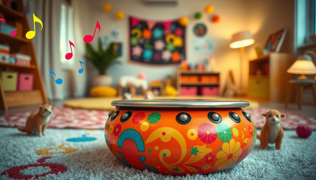 A brightly colored children's handpan, featuring vibrant patterns and playful designs, placed prominently in the foreground. The handpan is surrounded by various elements that represent a suitable environment for children, such as colorful musical notes floating around, and small, friendly animals observing curiously. In the middle background, a soft, inviting playroom is depicted with warm lighting, showcasing plush rugs and art supplies, creating a cheerful and engaging atmosphere. The scene is captured from a low angle, allowing the handpan to dominate the frame while emphasizing its size relative to the inviting environment. The overall mood is joyful and nurturing, reflecting the importance of choosing the right instrument for children. A brightly colored children's handpan, featuring vibrant patterns and playful designs, placed prominently in the foreground. The handpan is surrounded by various elements that represent a suitable environment for children, such as colorful musical notes floating around, and small, friendly animals observing curiously. In the middle background, a soft, inviting playroom is depicted with warm lighting, showcasing plush rugs and art supplies, creating a cheerful and engaging atmosphere. The scene is captured from a low angle, allowing the handpan to dominate the frame while emphasizing its size relative to the inviting environment. The overall mood is joyful and nurturing, reflecting the importance of choosing the right instrument for children.