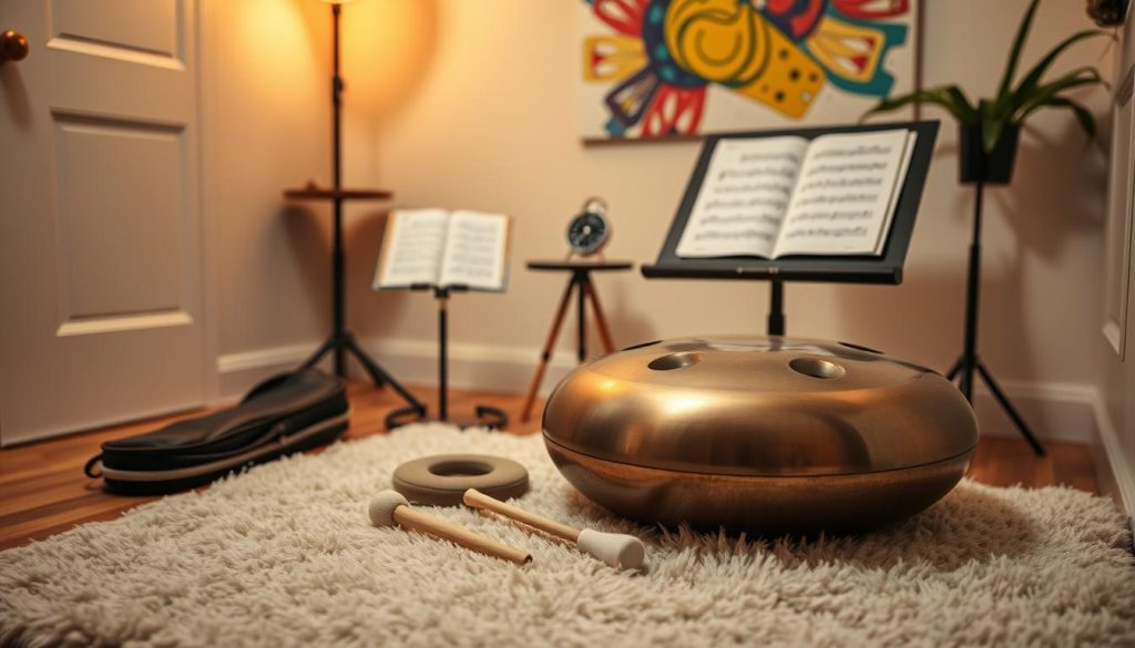 A cozy indoor music corner featuring essential accessories for a handpan, designed with careful detail. In the foreground, a handpan sits on a soft, plush rug, surrounded by a soft mallet and a cushioned carrying case. The middle ground shows a stylish music stand displaying sheet music, along with a small metronome next to it. The background includes warm ambient lighting, casting a soothing glow over the scene, with a wall adorned with colorful artwork that suggests a creative atmosphere. The atmosphere feels inviting and inspiring, perfect for practicing music. The perspective is slightly elevated, offering a clear view of all accessories while creating a sense of depth. A cozy indoor music corner featuring essential accessories for a handpan, designed with careful detail. In the foreground, a handpan sits on a soft, plush rug, surrounded by a soft mallet and a cushioned carrying case. The middle ground shows a stylish music stand displaying sheet music, along with a small metronome next to it. The background includes warm ambient lighting, casting a soothing glow over the scene, with a wall adorned with colorful artwork that suggests a creative atmosphere. The atmosphere feels inviting and inspiring, perfect for practicing music. The perspective is slightly elevated, offering a clear view of all accessories while creating a sense of depth.