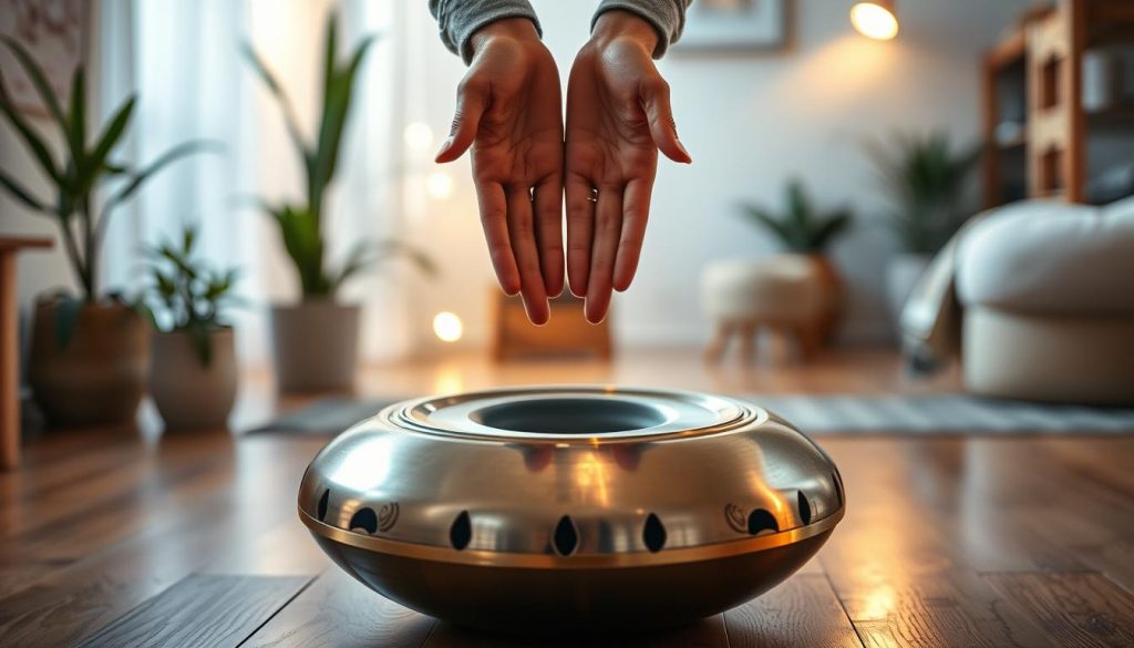 A serene indoor setting featuring a beautifully crafted sustain handpan, its metallic surface reflecting gentle light. In the foreground, the handpan is positioned on a wooden floor, showcasing its intricate designs and vibrant tones. A pair of hands, depicted in modest casual clothing, gracefully hover above the instrument, implying a moment of play, highlighting the importance of sustain in the music. In the middle ground, soft, ambient lighting casts delicate shadows, creating a tranquil atmosphere. The background displays a subtle, blurred view of a cozy room with plants and soft furnishings, evoking a sense of calm and creativity. The overall mood is peaceful and inviting, emphasizing the connection between the musician and the sustain of the handpan. A serene indoor setting featuring a beautifully crafted sustain handpan, its metallic surface reflecting gentle light. In the foreground, the handpan is positioned on a wooden floor, showcasing its intricate designs and vibrant tones. A pair of hands, depicted in modest casual clothing, gracefully hover above the instrument, implying a moment of play, highlighting the importance of sustain in the music. In the middle ground, soft, ambient lighting casts delicate shadows, creating a tranquil atmosphere. The background displays a subtle, blurred view of a cozy room with plants and soft furnishings, evoking a sense of calm and creativity. The overall mood is peaceful and inviting, emphasizing the connection between the musician and the sustain of the handpan.