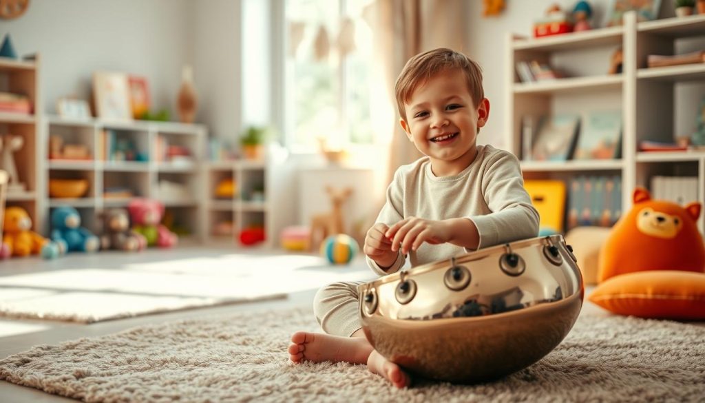 A serene scene depicting a child engaging with a handpan in a cozy, inviting playroom filled with colorful soft toys and educational materials. In the foreground, a young child, about five years old, is seated cross-legged on a soft rug, their face lit with joy and curiosity as they gently strike the handpan. The middle ground shows shelves filled with books and art supplies, hinting at cognitive development through creativity. In the background, soft natural light filters through a window, casting gentle shadows that create a warm, nurturing atmosphere. The overall mood conveys happiness, creativity, and emotional connection, emphasizing the benefits of cognitive growth through music and play. A serene scene depicting a child engaging with a handpan in a cozy, inviting playroom filled with colorful soft toys and educational materials. In the foreground, a young child, about five years old, is seated cross-legged on a soft rug, their face lit with joy and curiosity as they gently strike the handpan. The middle ground shows shelves filled with books and art supplies, hinting at cognitive development through creativity. In the background, soft natural light filters through a window, casting gentle shadows that create a warm, nurturing atmosphere. The overall mood conveys happiness, creativity, and emotional connection, emphasizing the benefits of cognitive growth through music and play.