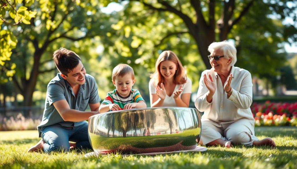 A warm and inviting family scene featuring a group of four people, including a parent, a child, and a grandparent, joyfully exploring handpan music together. In the foreground, they are gathered around a beautiful, shiny handpan resting on a soft grass surface. The child, dressed in casual, colorful clothing, plays gently with wide eyes of wonder, while the parent guides them with a supportive smile. The grandparent, wearing light, comfortable attire, claps along, adding to the joyful ambiance. The middle ground shows lush trees providing dappled sunlight, casting a warm glow on the scene. The background features a serene park setting filled with vibrant flowers and a hint of blue sky. The mood is playful and heartfelt, capturing the essence of family bonding through music. Soft, natural lighting enhances the warmth and joy of the moment. A warm and inviting family scene featuring a group of four people, including a parent, a child, and a grandparent, joyfully exploring handpan music together. In the foreground, they are gathered around a beautiful, shiny handpan resting on a soft grass surface. The child, dressed in casual, colorful clothing, plays gently with wide eyes of wonder, while the parent guides them with a supportive smile. The grandparent, wearing light, comfortable attire, claps along, adding to the joyful ambiance. The middle ground shows lush trees providing dappled sunlight, casting a warm glow on the scene. The background features a serene park setting filled with vibrant flowers and a hint of blue sky. The mood is playful and heartfelt, capturing the essence of family bonding through music. Soft, natural lighting enhances the warmth and joy of the moment.