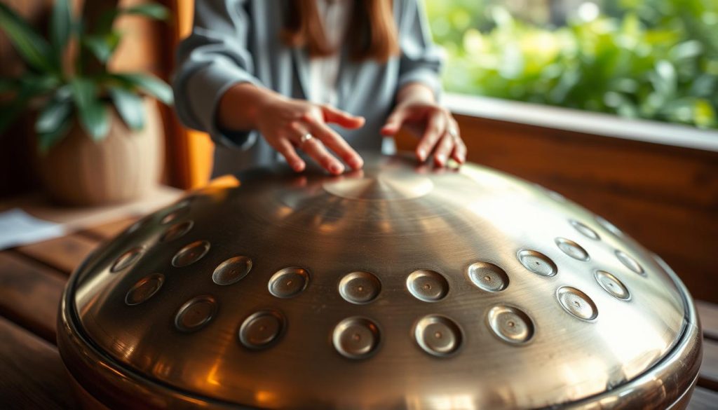 A beautifully crafted handpan rests on a wooden surface, its polished metal surface reflecting soft, natural light. The foreground features the intricate details of the handpan's tone fields, showcasing various notes and the unique design of its dimples. In the middle ground, a pair of hands, dressed in modest casual attire, gently play the handpan, creating a sense of movement and sound. The background features an inviting atmosphere, with blurred greenery to suggest an outdoor setting, enhancing the peaceful vibe. The lighting is warm and soft, evoking a calm, meditative mood that captures the essence of the instrument’s sonorous qualities. The overall composition emphasizes the beauty of the handpan and its rich tonal range, inviting viewers to explore the auditory experience visually.