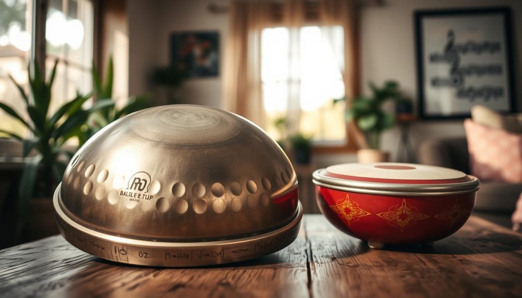 A close-up view of a beautifully crafted handpan and tongue drum set on a rustic wooden table, showcasing their unique features and textures. The handpan, with its metallic sheen and captivating dimples, is positioned prominently in the foreground, while the tongue drum, with its vibrant colors and elegant design, sits just beside it. Soft, warm natural light filters through a nearby window, casting gentle shadows that enhance the instruments' curves and details. In the background, a blurred out cozy room ambiance with plants and a hint of musical notes displayed on a wall evokes a peaceful, inviting atmosphere for music enthusiasts. The mood is tranquil and inspiring, perfect for aspiring musicians contemplating their first purchase. A close-up view of a beautifully crafted handpan and tongue drum set on a rustic wooden table, showcasing their unique features and textures. The handpan, with its metallic sheen and captivating dimples, is positioned prominently in the foreground, while the tongue drum, with its vibrant colors and elegant design, sits just beside it. Soft, warm natural light filters through a nearby window, casting gentle shadows that enhance the instruments' curves and details. In the background, a blurred out cozy room ambiance with plants and a hint of musical notes displayed on a wall evokes a peaceful, inviting atmosphere for music enthusiasts. The mood is tranquil and inspiring, perfect for aspiring musicians contemplating their first purchase.