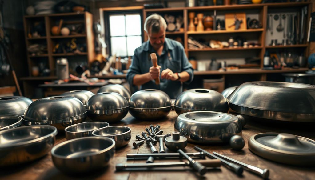 A close-up view of various handpan components laid out on a wooden workbench. In the foreground, showcase metal shells of different sizes, some polished and others in raw form, alongside steel tongues and tuning tools. In the middle ground, include a skilled craftsman in modest casual clothing, meticulously tuning a handpan with a hammer, focused and engaged in the craft. The background features shelves filled with tools and parts, illuminated by warm, natural light coming from a window, creating a cozy workshop atmosphere. The scene conveys a sense of artistry and precision in the handpan-making process, emphasizing its technical components and the craftsmanship involved. A close-up view of various handpan components laid out on a wooden workbench. In the foreground, showcase metal shells of different sizes, some polished and others in raw form, alongside steel tongues and tuning tools. In the middle ground, include a skilled craftsman in modest casual clothing, meticulously tuning a handpan with a hammer, focused and engaged in the craft. The background features shelves filled with tools and parts, illuminated by warm, natural light coming from a window, creating a cozy workshop atmosphere. The scene conveys a sense of artistry and precision in the handpan-making process, emphasizing its technical components and the craftsmanship involved.