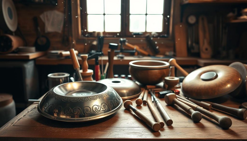 A collection of handpans and tongue drums laid out on a wooden workbench in a cozy workshop. In the foreground, a vibrant handpan with intricate patterns is resting next to a polished tongue drum, both showcasing their metallic and wooden textures. The middle ground features various fabrication tools, such as hammers, chisels, and tuning devices, artistically arranged around the instruments, highlighting the craftsmanship involved in their creation. The background captures the warm ambiance of the workshop illuminated by soft, natural lighting from a large window, illuminating dust motes in the air. The atmosphere is serene yet focused, evoking a sense of artistry and tradition in instrument-making. Capture the scene from a slightly elevated angle for depth. A collection of handpans and tongue drums laid out on a wooden workbench in a cozy workshop. In the foreground, a vibrant handpan with intricate patterns is resting next to a polished tongue drum, both showcasing their metallic and wooden textures. The middle ground features various fabrication tools, such as hammers, chisels, and tuning devices, artistically arranged around the instruments, highlighting the craftsmanship involved in their creation. The background captures the warm ambiance of the workshop illuminated by soft, natural lighting from a large window, illuminating dust motes in the air. The atmosphere is serene yet focused, evoking a sense of artistry and tradition in instrument-making. Capture the scene from a slightly elevated angle for depth.