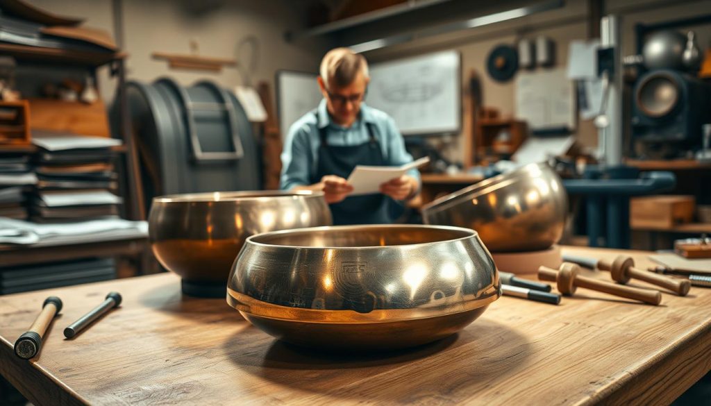 A detailed composition focusing on the analysis of materials and manufacturing techniques for handpans. In the foreground, a polished handpan rests on a wooden workbench, its metallic surface reflecting soft natural light, revealing intricate tones and textures. Beside it, tools like hammers and tuning devices are neatly arranged, showcasing craftsmanship. The middle ground features a skilled artisan, dressed in professional attire, inspecting a partially crafted drum, their expression focused and contemplative. In the background, a cluttered workshop filled with metal sheets, schematics, and sound-testing equipment enhances the scene's authenticity. The lighting is warm and inviting, casting gentle shadows that evoke a creative atmosphere, while a slight depth of field emphasizes the foreground items, drawing the viewer’s attention to the details of craftsmanship and material analysis.