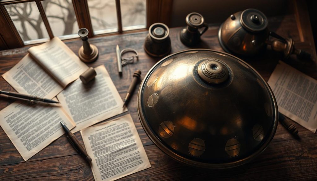 A handpan delicately placed on a rustic wooden table, surrounded by historical documents and vintage instruments that showcase its rich cultural background. The foreground features the handpan with intricate surface patterns glimmering softly under warm, ambient lighting. In the middle, scattered papers depict legal texts and historical notes about the handpan's origins, hinting at its legal context. The background shows faint silhouettes of trees through a window, providing a serene outdoor atmosphere that complements the scene. The overall mood is contemplative and scholarly, with a focus on the handpan as both a musical instrument and a subject of historical and legal significance, captured from a slightly angled top-down view to showcase the details.