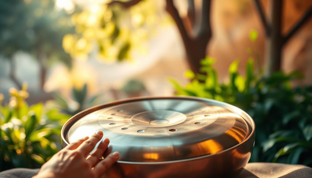 A handpan, elegantly crafted from polished metal, sits center stage against a soft, earthy backdrop. The instrument glistens under warm, natural lighting, showcasing its unique, circular shape with distinct dimples and a rich, resonant finish. In the foreground, delicate fingers gently touch the surface, evoking a sense of harmony and tranquility. The middle ground features lush greenery and subtle hints of a serene outdoor setting, enhancing the organic feel of the scene. The background fades into gentle bokeh, with soft, diffused light filtering through trees, creating an atmosphere of calm and inspiration. The overall mood is inviting and peaceful, reflecting the soulful essence of the handpan as a modern musical instrument. A handpan, elegantly crafted from polished metal, sits center stage against a soft, earthy backdrop. The instrument glistens under warm, natural lighting, showcasing its unique, circular shape with distinct dimples and a rich, resonant finish. In the foreground, delicate fingers gently touch the surface, evoking a sense of harmony and tranquility. The middle ground features lush greenery and subtle hints of a serene outdoor setting, enhancing the organic feel of the scene. The background fades into gentle bokeh, with soft, diffused light filtering through trees, creating an atmosphere of calm and inspiration. The overall mood is inviting and peaceful, reflecting the soulful essence of the handpan as a modern musical instrument.