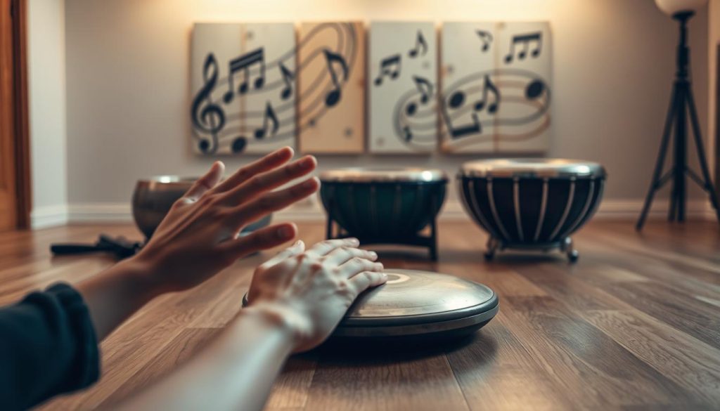 A serene indoor setting showcasing a handpan and a tongue drum on a polished wooden floor. In the foreground, there is a pair of hands, elegantly positioned as if demonstrating playing techniques, suggesting rhythm and flow. The middle ground features the instruments, highlighting their unique designs and vibrant colors under soft, warm lighting. In the background, blurred artwork of musical notes and abstract patterns subtly enhances the mood of creativity and learning. The scene is framed with a slight low-angle perspective, emphasizing the instruments to create a sense of depth. The atmosphere conveys a peaceful yet inspiring ambiance, perfect for reflecting on the learning curve and techniques in music. A serene indoor setting showcasing a handpan and a tongue drum on a polished wooden floor. In the foreground, there is a pair of hands, elegantly positioned as if demonstrating playing techniques, suggesting rhythm and flow. The middle ground features the instruments, highlighting their unique designs and vibrant colors under soft, warm lighting. In the background, blurred artwork of musical notes and abstract patterns subtly enhances the mood of creativity and learning. The scene is framed with a slight low-angle perspective, emphasizing the instruments to create a sense of depth. The atmosphere conveys a peaceful yet inspiring ambiance, perfect for reflecting on the learning curve and techniques in music.