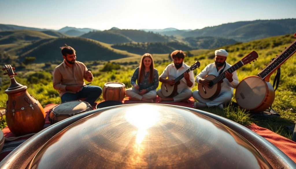 A serene outdoor setting showcasing a handpan nestled among traditional instruments like the djembe, tambourine, and sitar. In the foreground, the handpan gleams under soft, warm sunlight, reflecting its unique craftsmanship. The middle ground features musicians in modest, casual clothing, gently playing these instruments, their expressions conveying passion and focus. The background includes a lush green landscape with soft hills and a clear blue sky, adding a sense of tranquility. The lighting is golden hour, casting long shadows and creating a harmonious atmosphere. Capture a wide-angle view to encompass the instruments and musicians, emphasizing the connection between modern and traditional music. A serene outdoor setting showcasing a handpan nestled among traditional instruments like the djembe, tambourine, and sitar. In the foreground, the handpan gleams under soft, warm sunlight, reflecting its unique craftsmanship. The middle ground features musicians in modest, casual clothing, gently playing these instruments, their expressions conveying passion and focus. The background includes a lush green landscape with soft hills and a clear blue sky, adding a sense of tranquility. The lighting is golden hour, casting long shadows and creating a harmonious atmosphere. Capture a wide-angle view to encompass the instruments and musicians, emphasizing the connection between modern and traditional music.