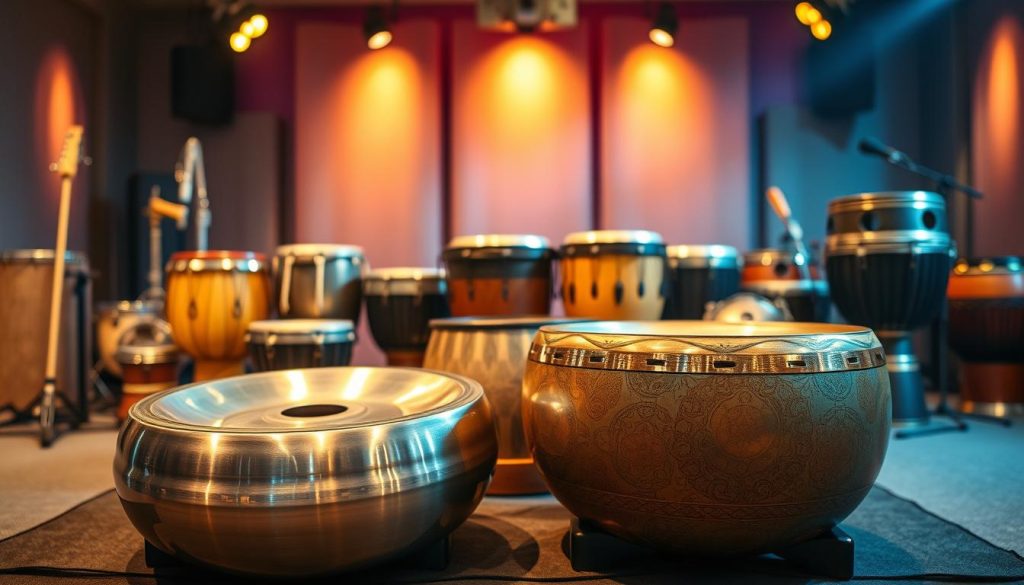 A vibrant display of various musical instruments commonly associated with handpans and hang drums. In the foreground, showcase two different handpans, one crafted from stainless steel with a polished surface and the other a colorful, artisan version with intricate designs. In the middle ground, position a variety of related instruments like steel drums, tongue drums, and a djembe, each displaying unique textures. The background features a softly blurred stage setting, with warm spotlighting illuminating the instruments, creating a cozy and inviting atmosphere. Utilize a shallow depth of field to draw attention to the instruments, enhancing the mood of discovery and appreciation for diverse musical sounds. The overall lighting is warm and inviting, evoking a sense of musical intimacy without any human subjects in the frame.