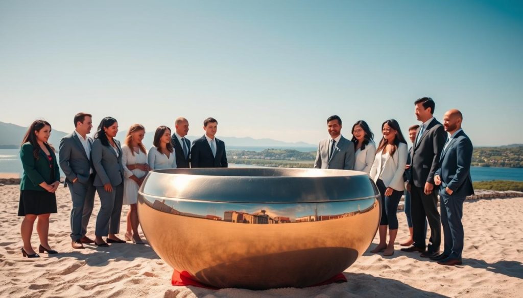 A vibrant handpan, made of steel, gleaming under soft, diffused sunlight, rests on a sandy beach, symbolizing its global appeal. In the foreground, a diverse group of people in professional business attire gather around, their expressions filled with wonder as they explore the instrument. In the middle ground, a picturesque horizon showcases distant mountains and lush greenery, emphasizing the instrument's connection to nature and tranquility. The background features a clear blue sky, casting a serene atmosphere over the scene. The composition should evoke a sense of cultural exchange and appreciation for this modern musical creation. Use a wide-angle lens to capture the scene in depth, highlighting the joyful engagement and harmonious environment. Aim for warm, inviting lighting to enhance the mood of unity and celebration surrounding the handpan. A vibrant handpan, made of steel, gleaming under soft, diffused sunlight, rests on a sandy beach, symbolizing its global appeal. In the foreground, a diverse group of people in professional business attire gather around, their expressions filled with wonder as they explore the instrument. In the middle ground, a picturesque horizon showcases distant mountains and lush greenery, emphasizing the instrument's connection to nature and tranquility. The background features a clear blue sky, casting a serene atmosphere over the scene. The composition should evoke a sense of cultural exchange and appreciation for this modern musical creation. Use a wide-angle lens to capture the scene in depth, highlighting the joyful engagement and harmonious environment. Aim for warm, inviting lighting to enhance the mood of unity and celebration surrounding the handpan.