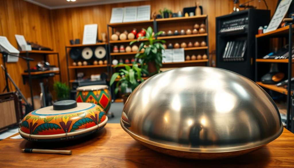 A well-crafted handpan and tongue drum set in an inviting and organized music studio. In the foreground, a beautifully crafted handpan made of polished steel, reflecting soft light, placed on a wooden table. Beside it, a vibrant tongue drum with colorful designs, showcasing its unique texture. In the middle, a cozy atmosphere with shelves lined with various percussion instruments, a plant for a touch of nature, and musical sheets scattered around. The background reveals warm wooden paneling and soft overhead lighting, creating a serene vibe. Opt for a slightly angled view, capturing the instruments’ details and the inviting environment, while maintaining a professional, focused mood that emphasizes robust maintenance and care. A well-crafted handpan and tongue drum set in an inviting and organized music studio. In the foreground, a beautifully crafted handpan made of polished steel, reflecting soft light, placed on a wooden table. Beside it, a vibrant tongue drum with colorful designs, showcasing its unique texture. In the middle, a cozy atmosphere with shelves lined with various percussion instruments, a plant for a touch of nature, and musical sheets scattered around. The background reveals warm wooden paneling and soft overhead lighting, creating a serene vibe. Opt for a slightly angled view, capturing the instruments’ details and the inviting environment, while maintaining a professional, focused mood that emphasizes robust maintenance and care.